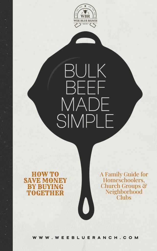 Picture of a black iron skillet with the words Bulk Beef Made Simple and logo of Wee Blue Ranch