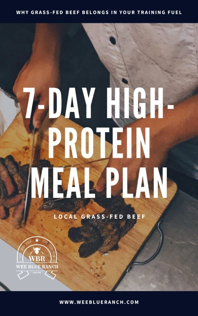 Photo of chef chopping steak with words 7-day high-protein meal plan.